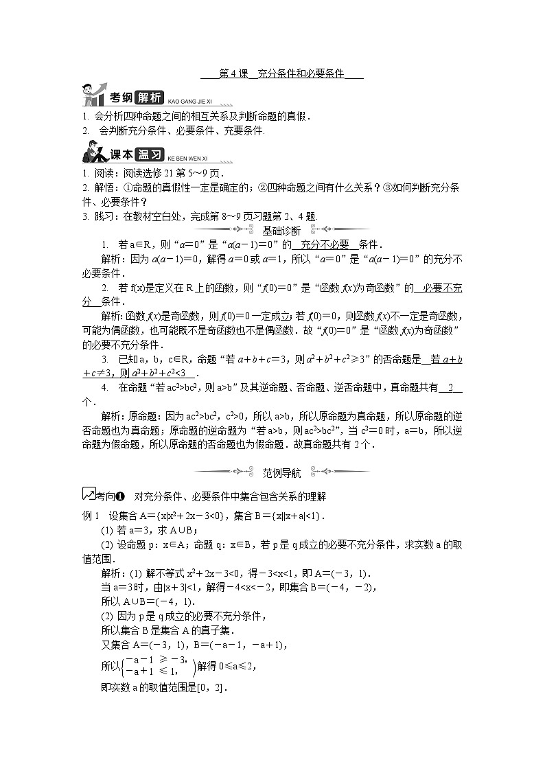2020版江苏高考数学名师大讲坛一轮复习教程学案：第4课__充分条件和必要条件01