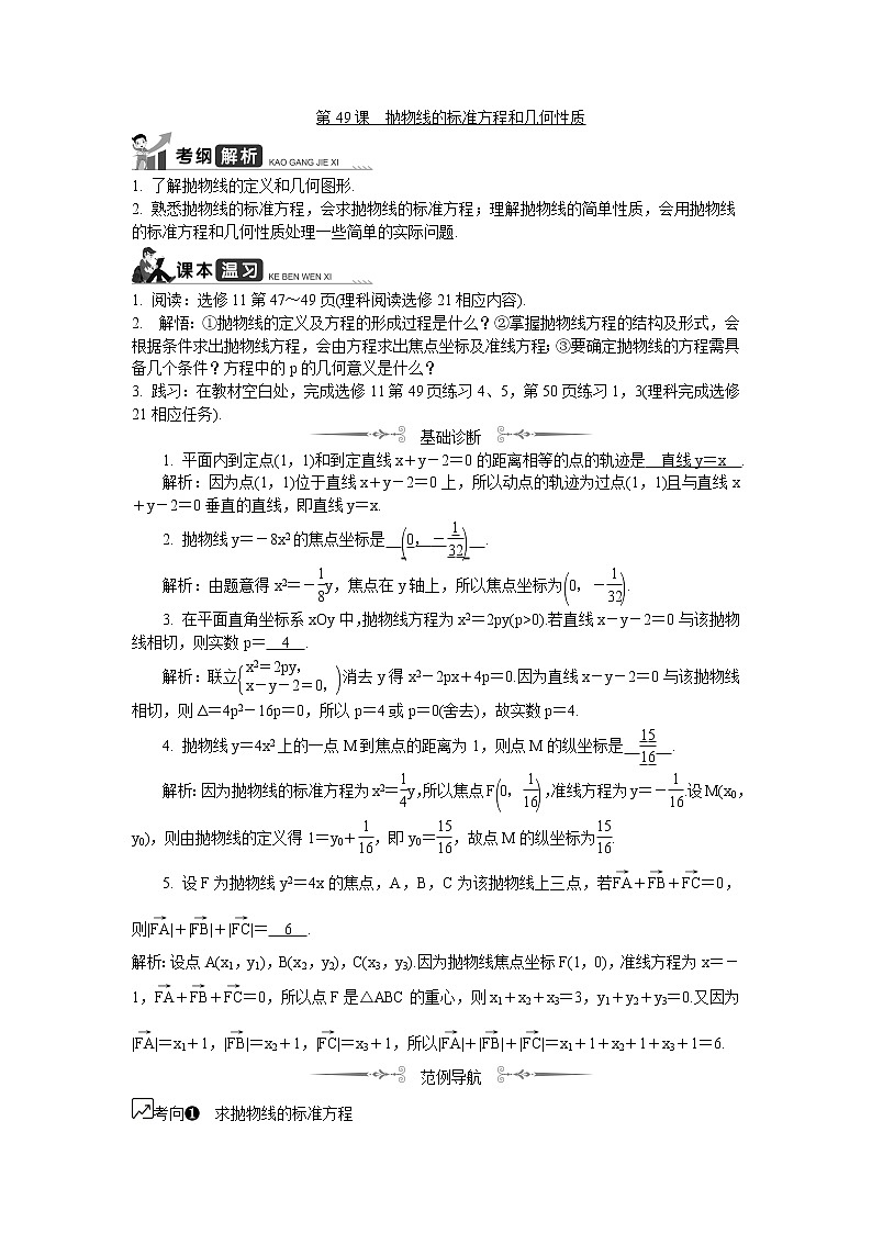 2020版江苏高考数学名师大讲坛一轮复习教程学案：第49课__抛物线的标准方程和几何性质01