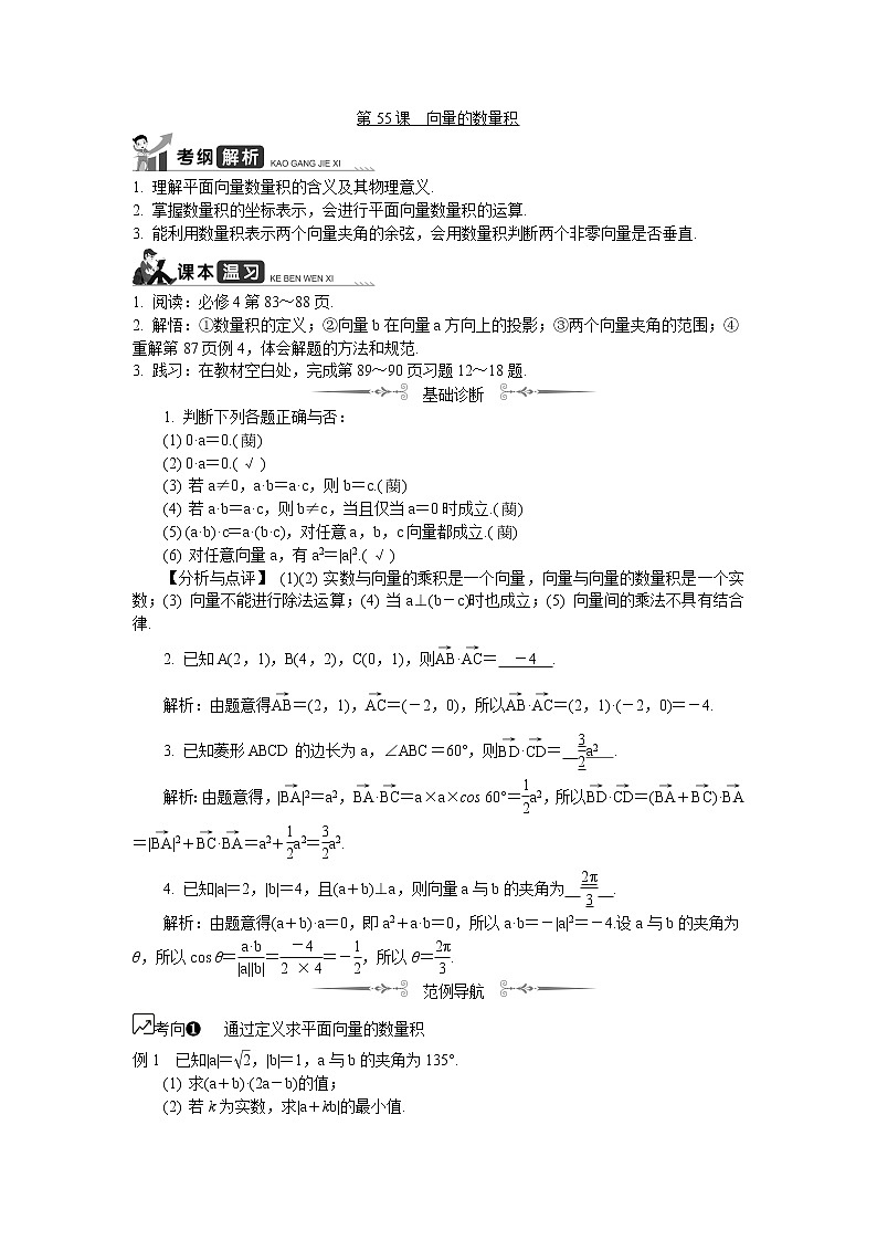2020版江苏高考数学名师大讲坛一轮复习教程学案：第55课向量的数量积第1页