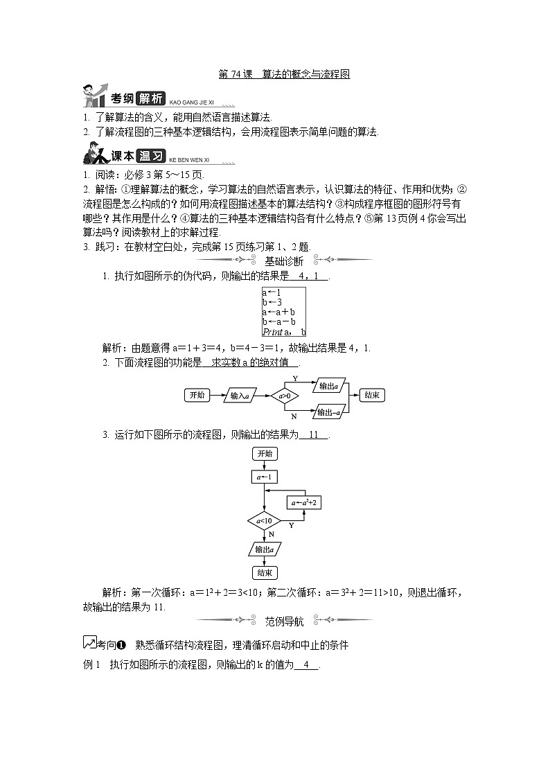 2020版江苏高考数学名师大讲坛一轮复习教程学案：第74课算法的概念与流程图第1页