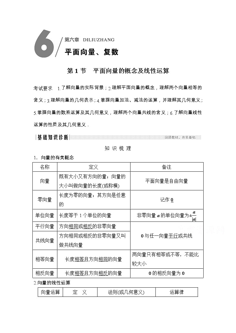 2021届浙江省高考数学一轮学案：第六章第1节　平面向量的概念及线性运算01
