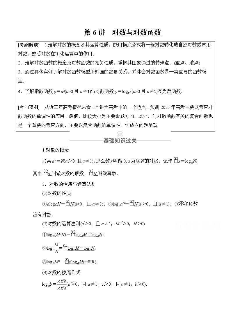 2021届高考数学人教版一轮创新教学案：第2章第6讲　对数与对数函数01