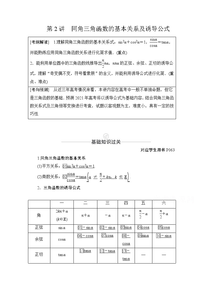 2021届高考数学人教版一轮创新教学案：第3章第2讲　同角三角函数的基本关系及诱导公式01