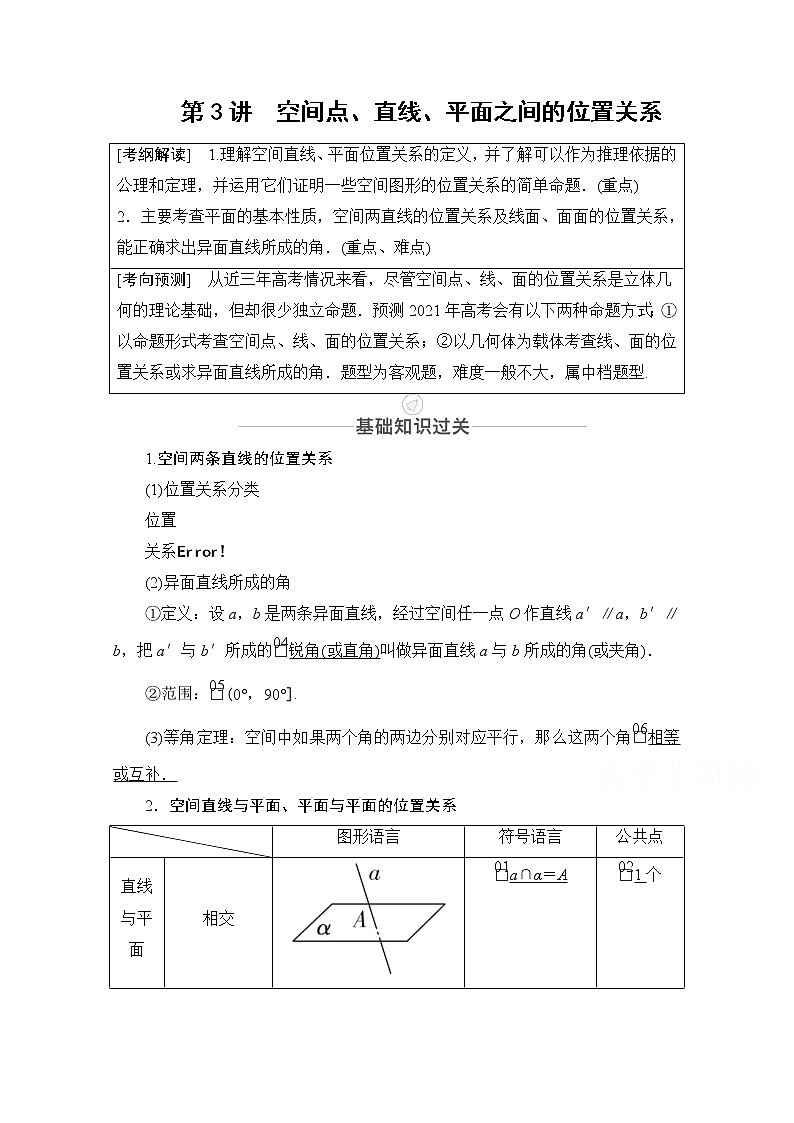 2021届高考数学人教版一轮创新教学案：第7章第3讲　空间点、直线、平面之间的位置关系01