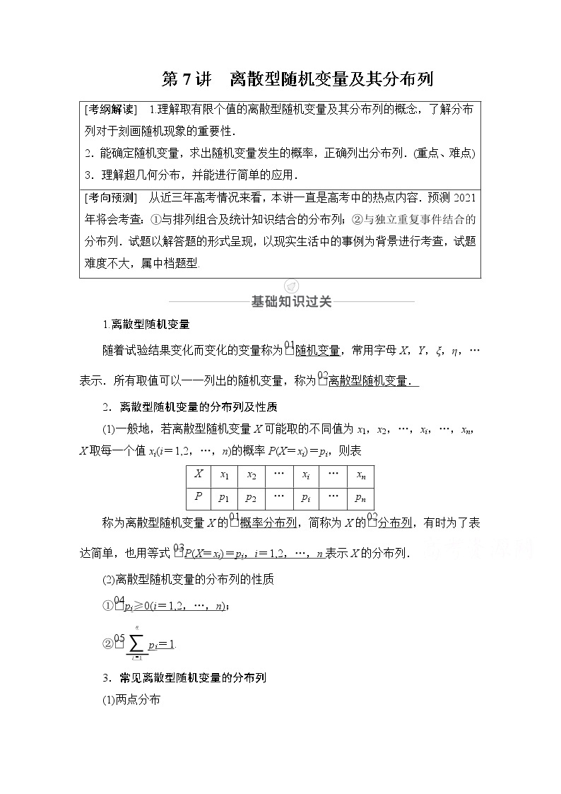 2021届高考数学人教版一轮创新教学案：第10章第7讲　离散型随机变量及其分布列01