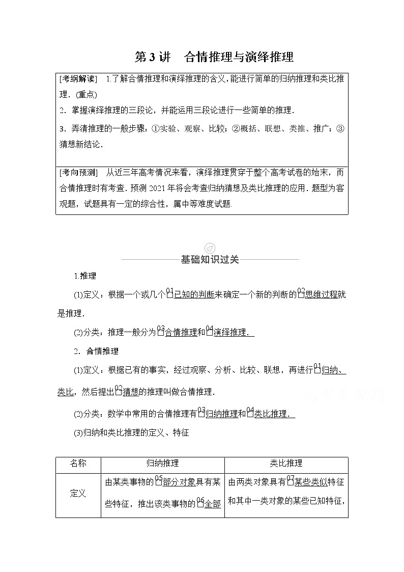2021届高考数学人教版一轮创新教学案：第11章第3讲　合情推理与演绎推理01