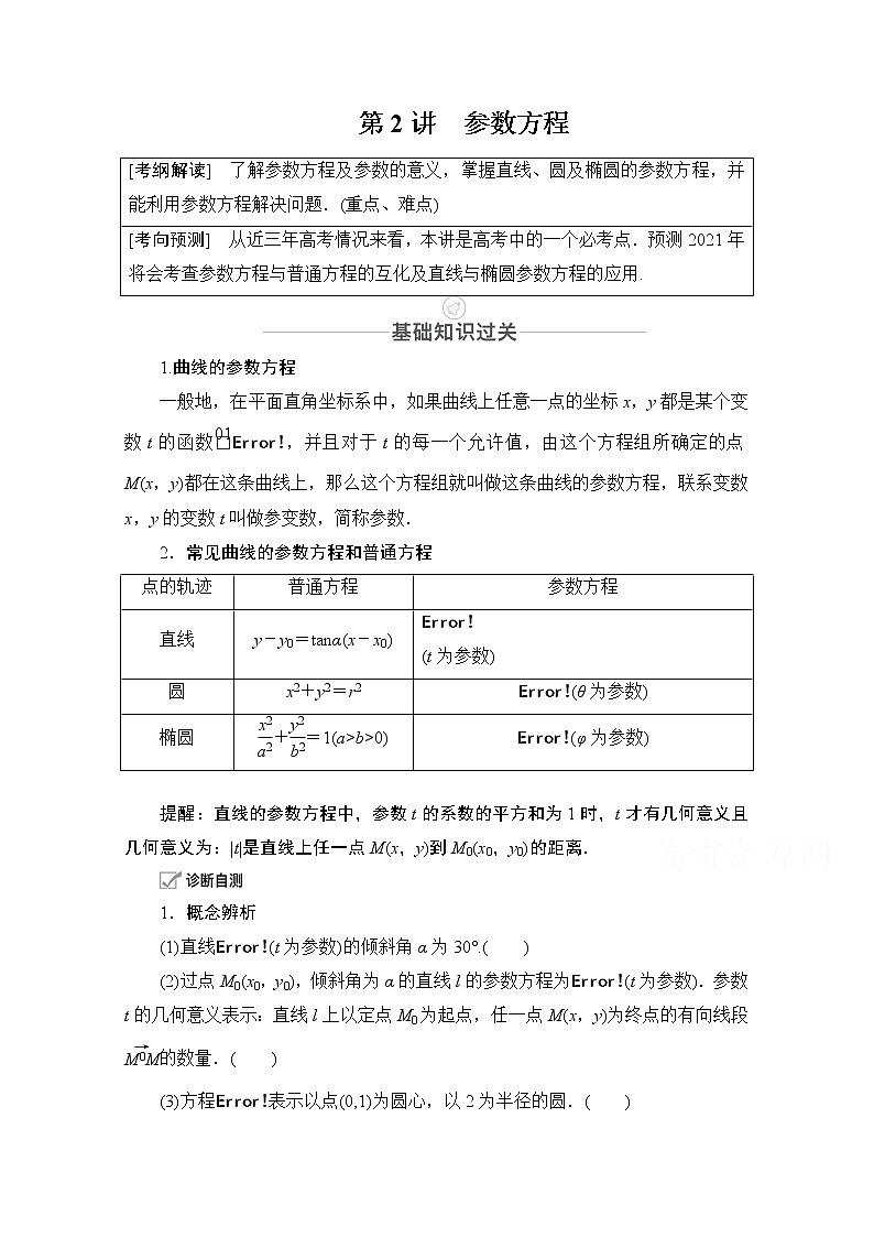 2021届高考数学人教版一轮创新教学案：第12章第2讲　参数方程01