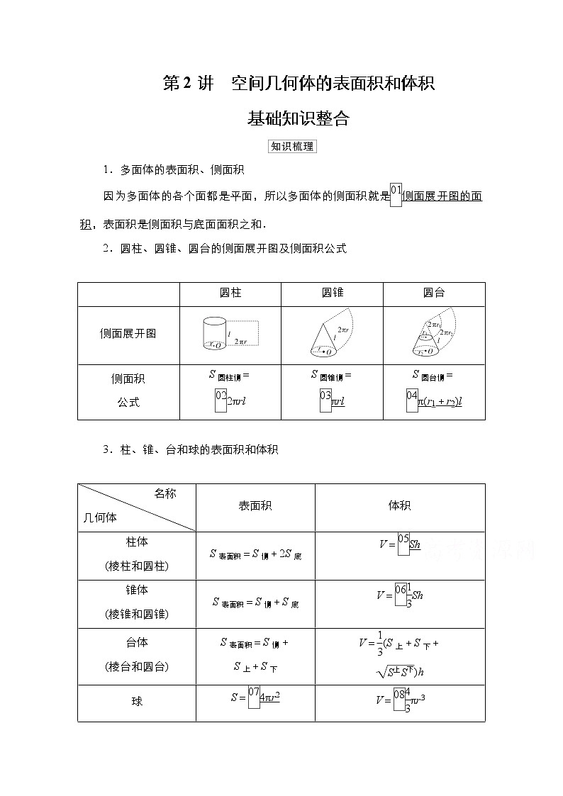 2021高三统考北师大版数学一轮学案：第8章第2讲　空间几何体的表面积和体积第1页