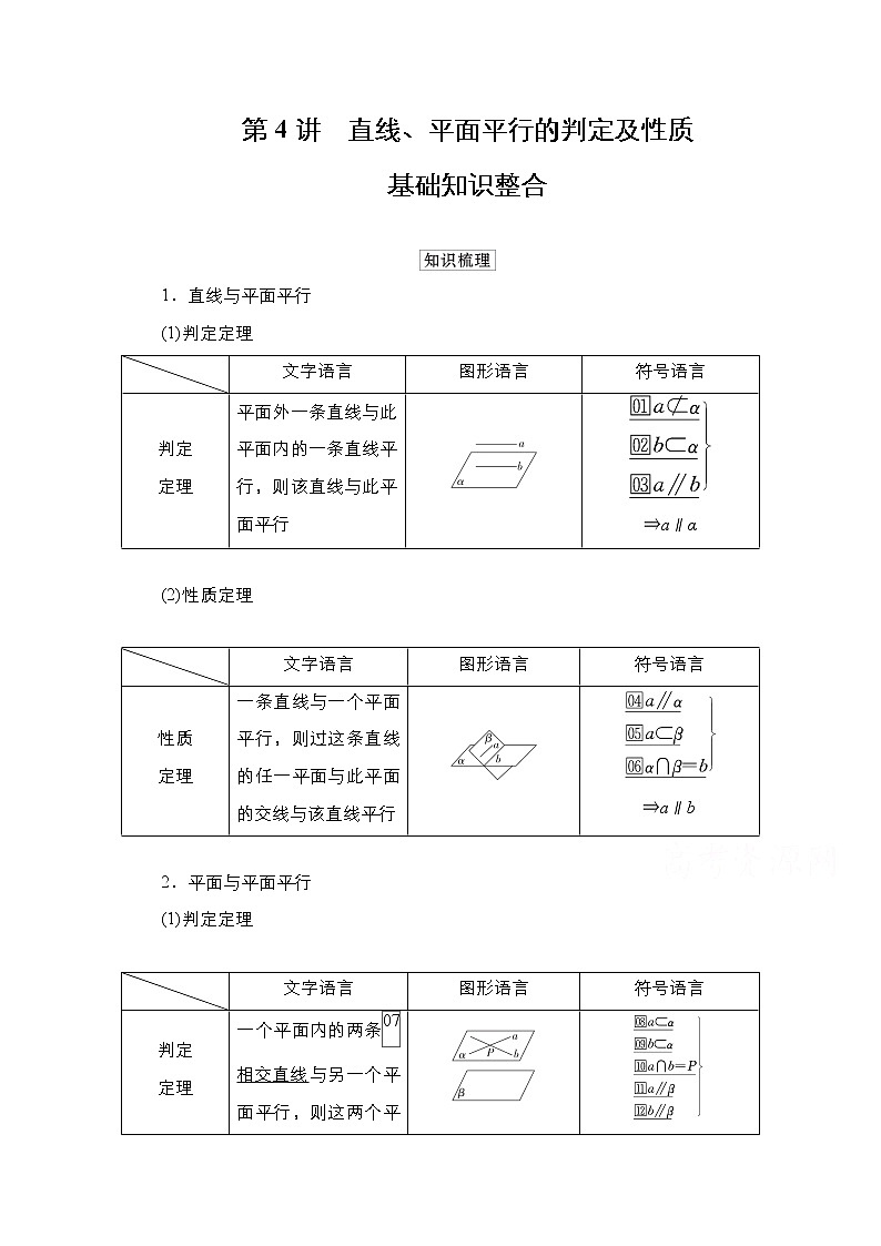 2021高三统考北师大版数学一轮学案：第8章第4讲　直线、平面平行的判定及性质第1页