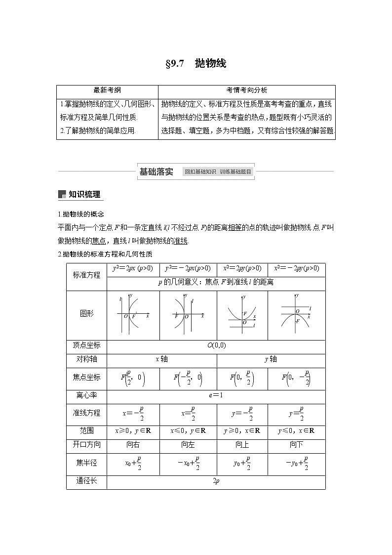 2021高考数学（理）人教A版一轮复习学案作业：第九章9.7抛物线01