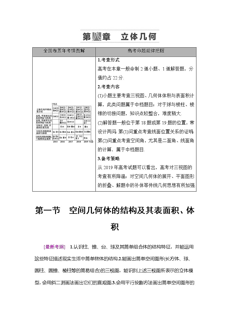 2021版新高考数学（理科）一轮复习教师用书：第8章第1节　空间几何体的结构及其表面积、体积第1页