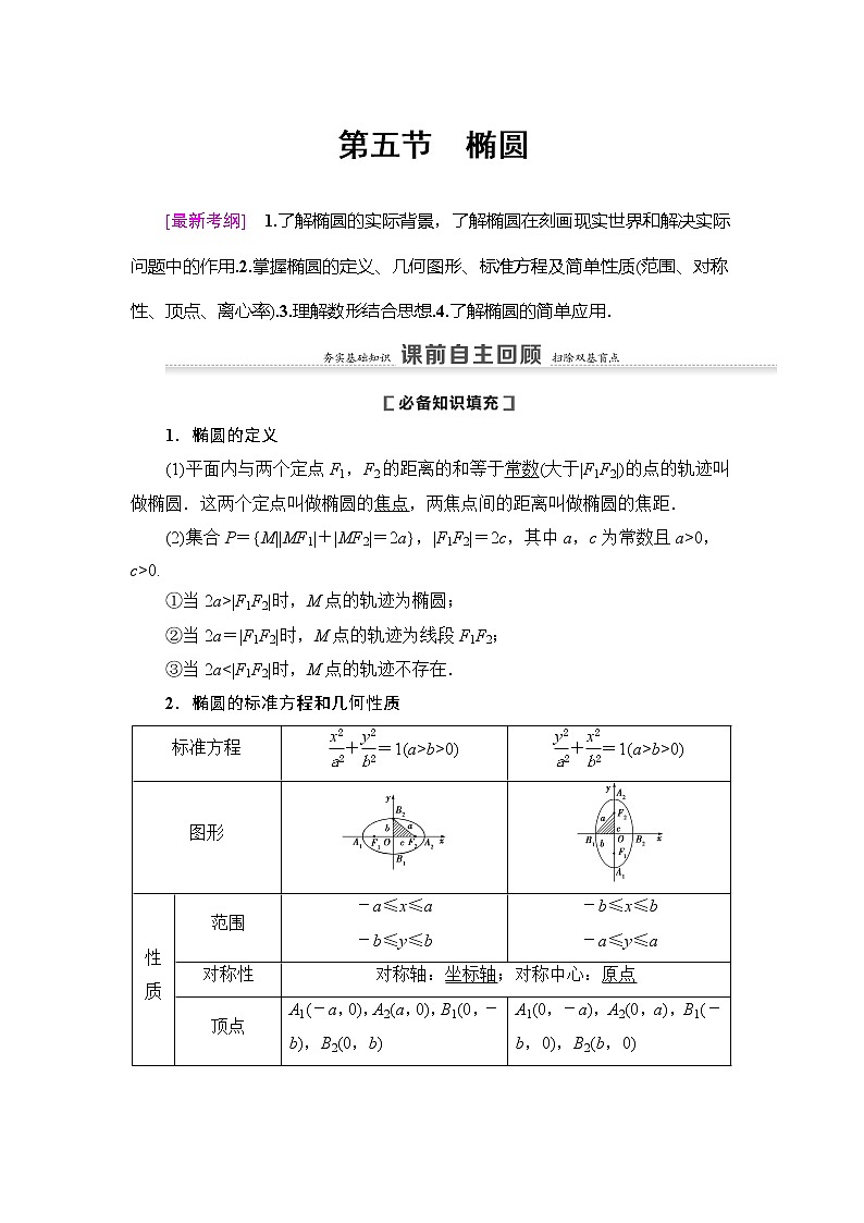 2021版新高考数学（理科）一轮复习教师用书：第9章第5节第1课时　椭圆及其性质第1页