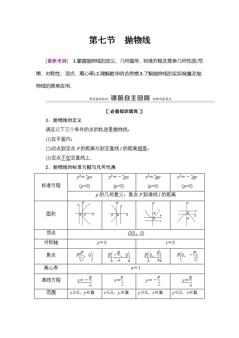 2021版新高考数学（理科）一轮复习教师用书：第9章第7节　抛物线01