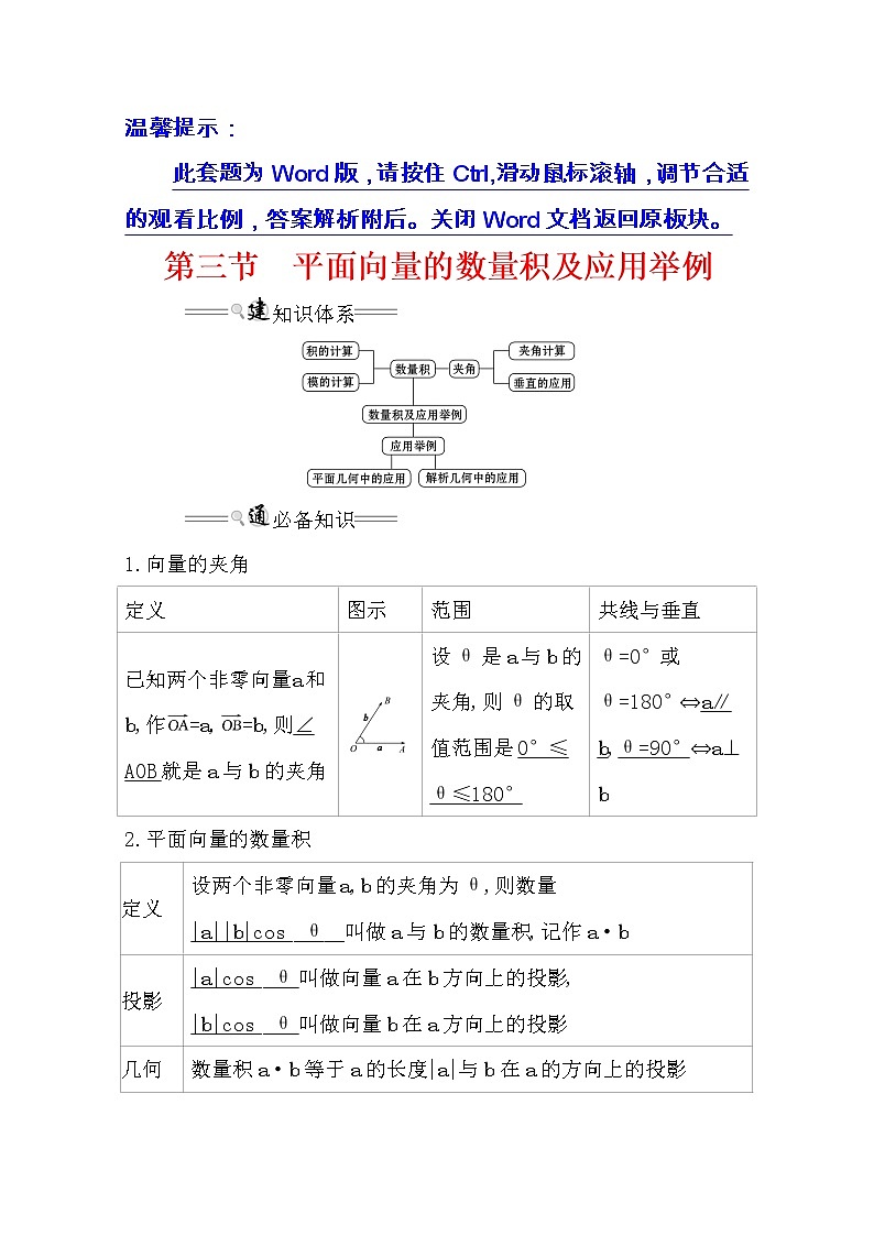 2021版高考文科数学人教通用版大一轮复习基础自查学案：4.3　平面向量的数量积及应用举例01
