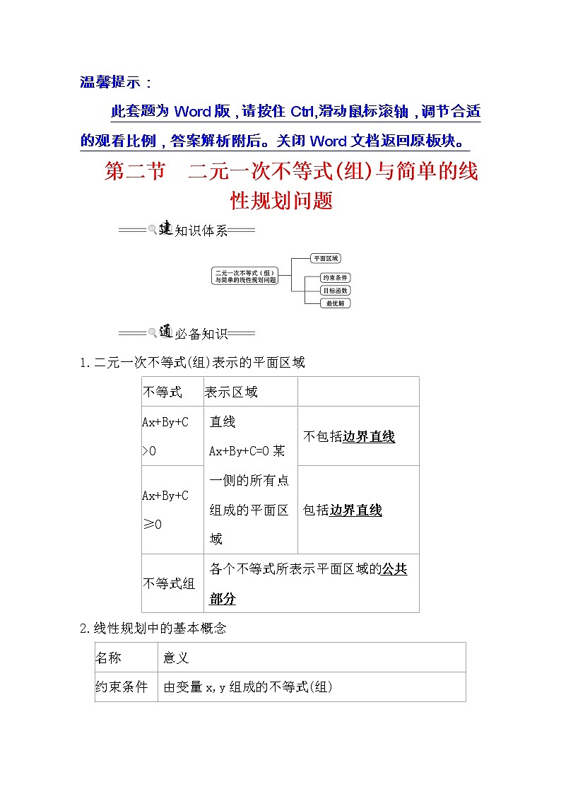 2021版高考文科数学人教通用版大一轮复习基础自查学案：6.2　二元一次不等式(组)与简单的线性规划问题01
