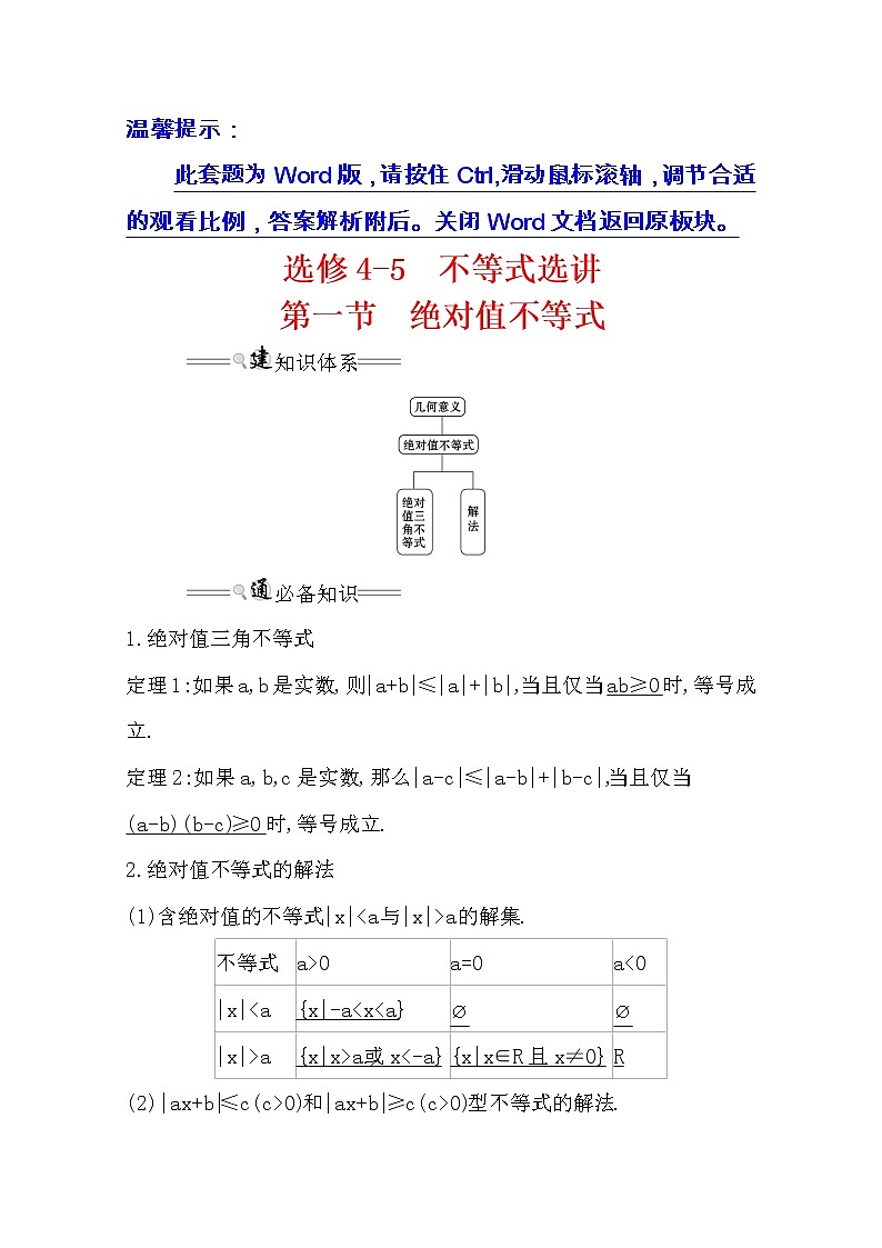2021版高考文科数学人教通用版大一轮复习基础自查学案：选修4-5.1　绝对值不等式01