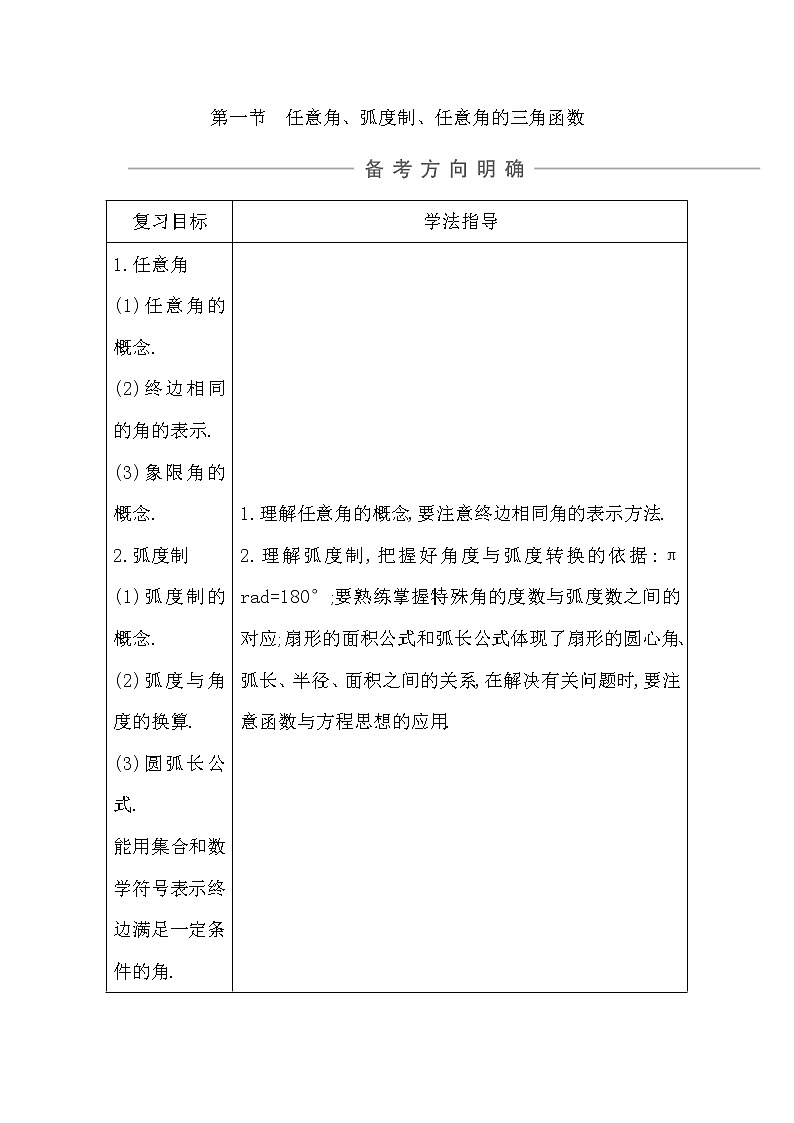 2021版高考数学导与练一轮复习（浙江版）知识梳理：第六章第一节　任意角、弧度制、任意角的三角函数第1页