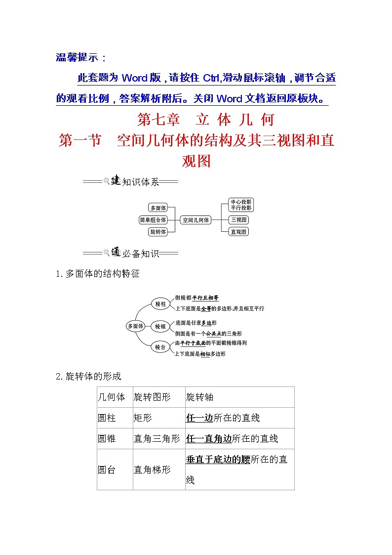 2021版高考理科数学人教通用版大一轮复习基础自查学案：7.1　空间几何体的结构及其三视图和直观图01