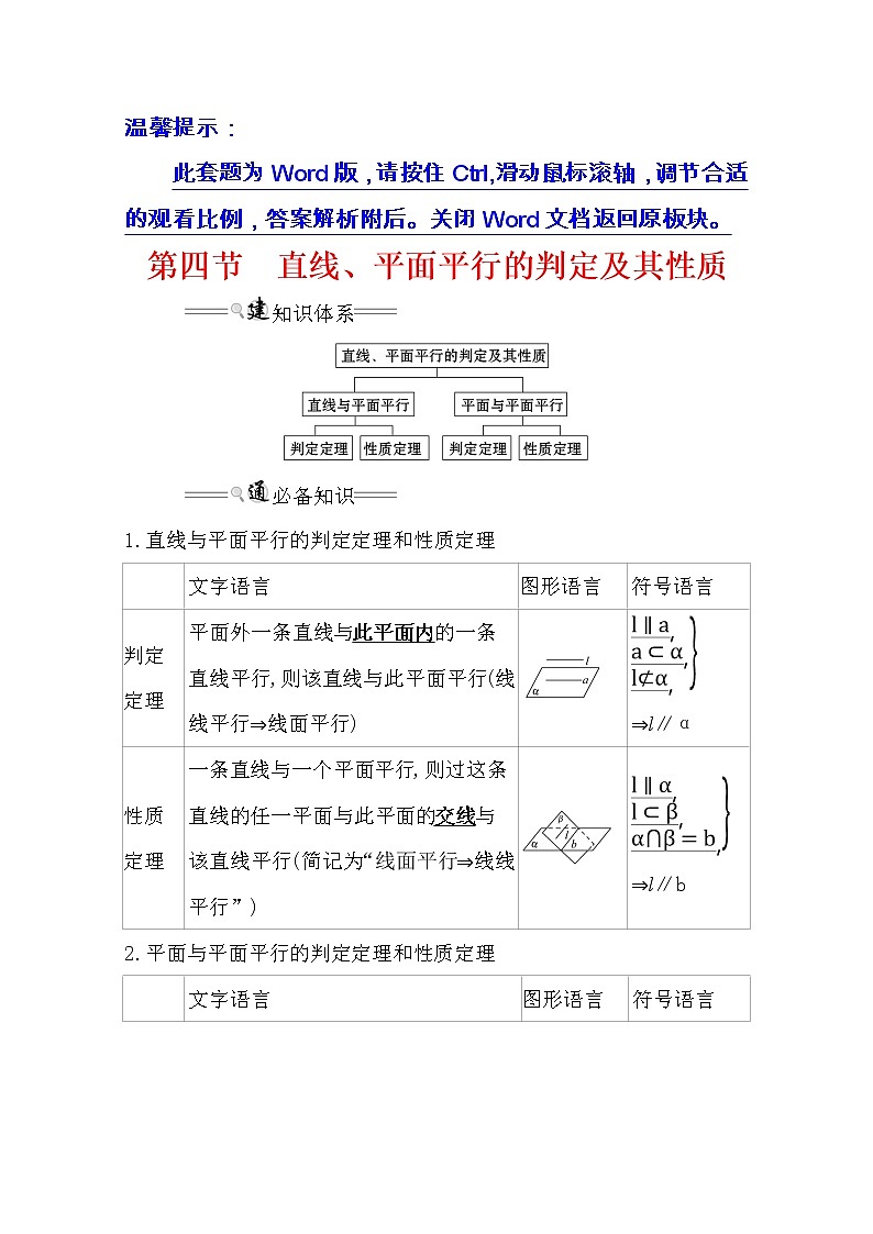 2021版高考理科数学人教通用版大一轮复习基础自查学案：7.4　直线、平面平行的判定及其性质01