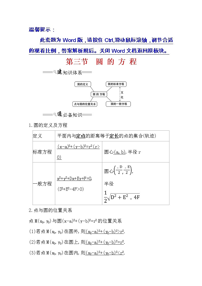 2021版高考理科数学人教通用版大一轮复习基础自查学案：8.3　圆的方程01
