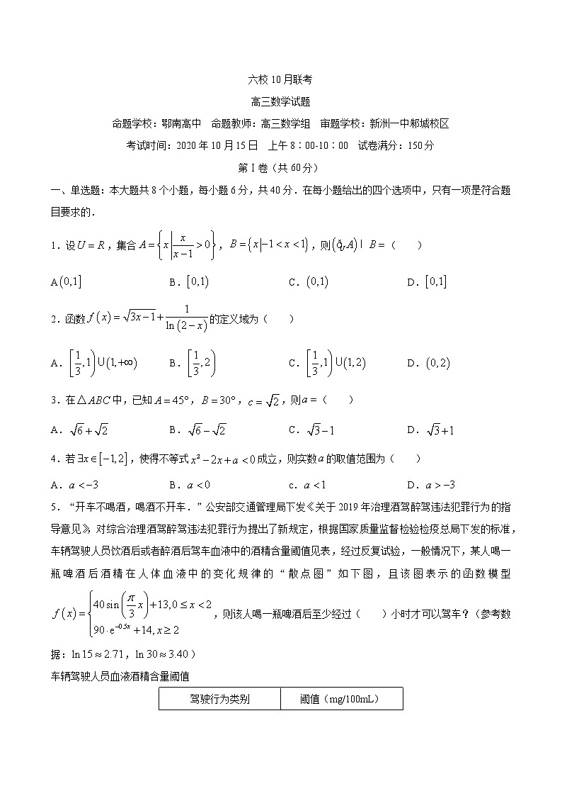 湖北省六校2020-2021学年高三上学期10月联考数学试题01