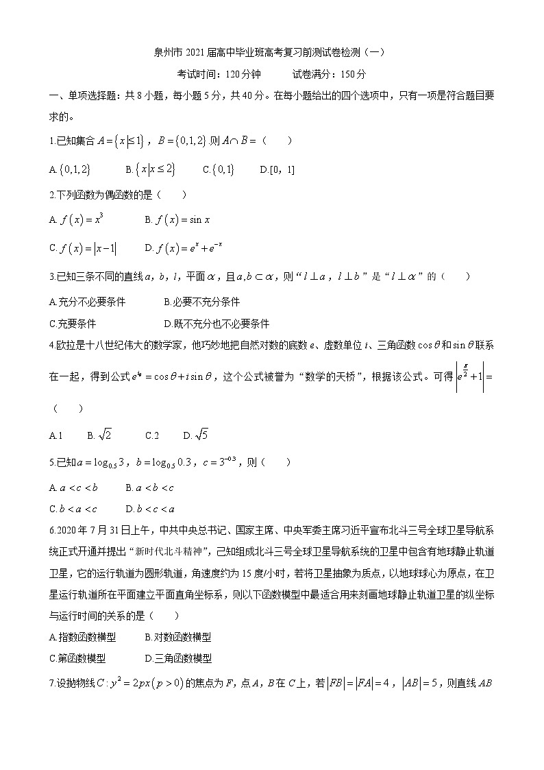 福建省泉州市2021届高中毕业班质量检测数学试卷第1页