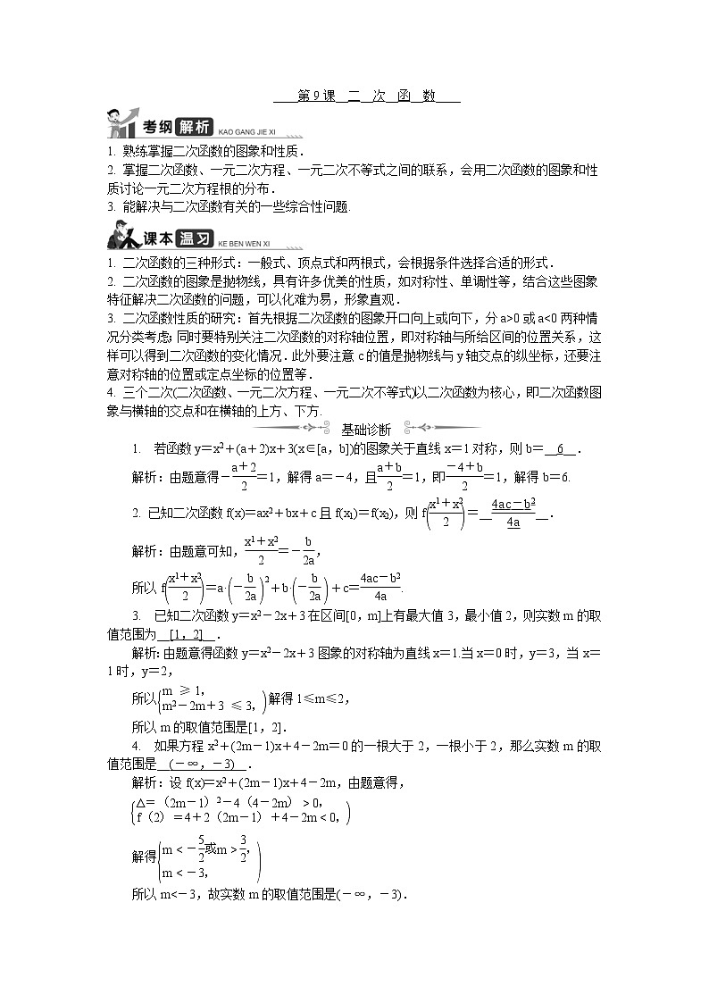 2020版江苏高考数学一轮复习学案：第9课《二次函数》(含解析)第1页