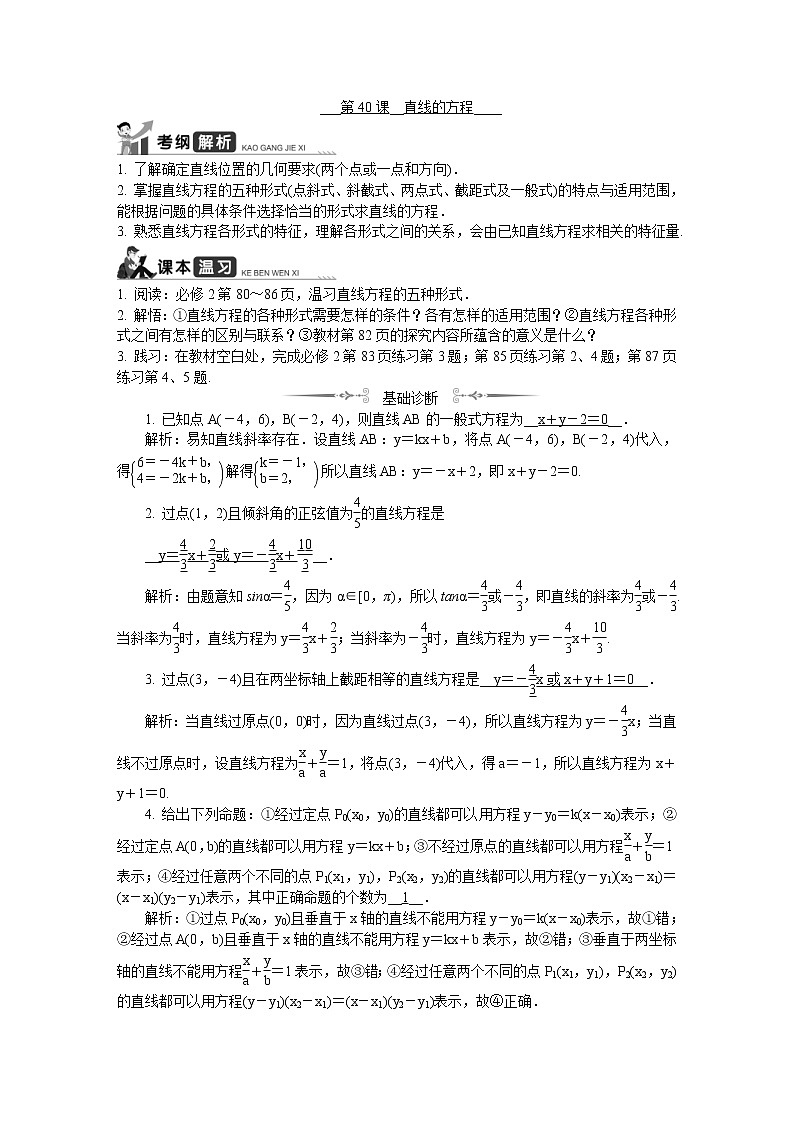 2020版江苏高考数学一轮复习学案：第40课《直线的方程》(含解析)第1页