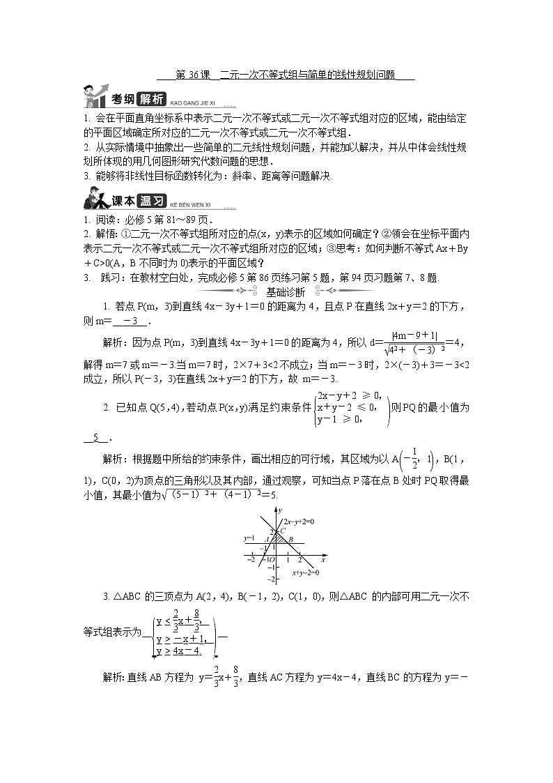 2020版江苏高考数学一轮复习学案：第36课《二元一次不等式组与简单的线性规划问题》(含解析)第1页
