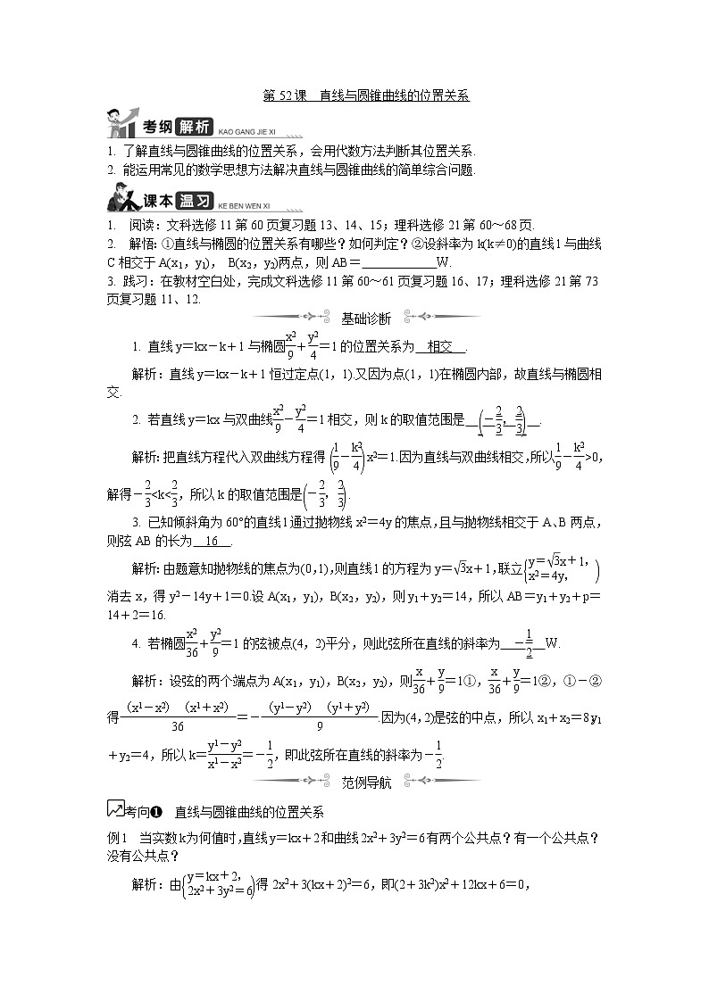 2020版江苏高考数学一轮复习学案：第52课《直线与圆锥曲线的位置关系》(含解析)01