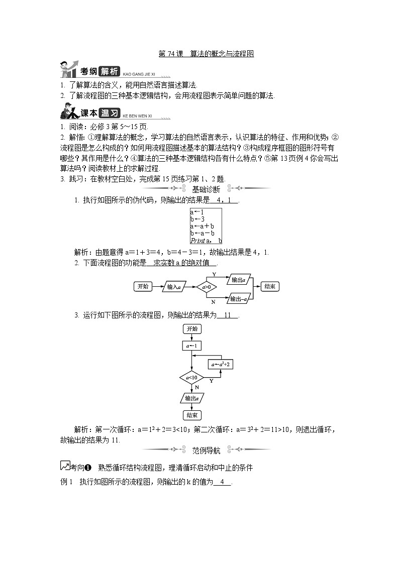 2020版江苏高考数学一轮复习学案：第74课《算法的概念与流程图》(含解析)第1页