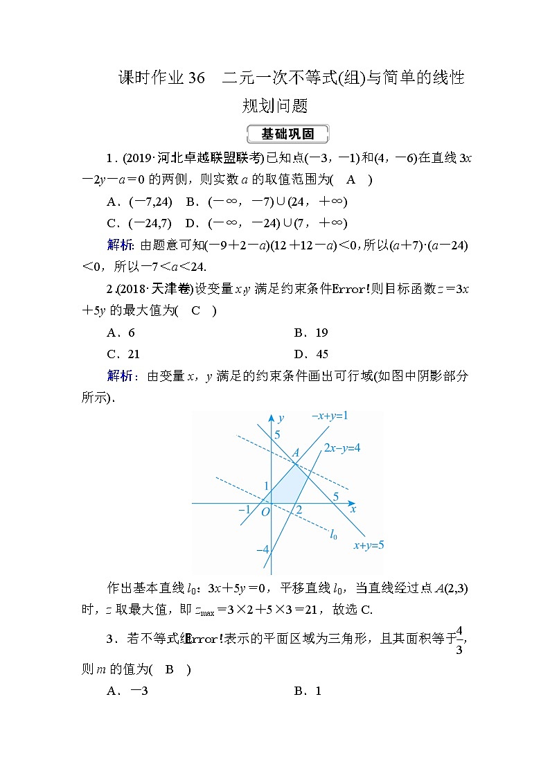 2020届高考数学一轮复习：课时作业36《二元一次不等式(组)与简单的线性规划问题》(含解析)01