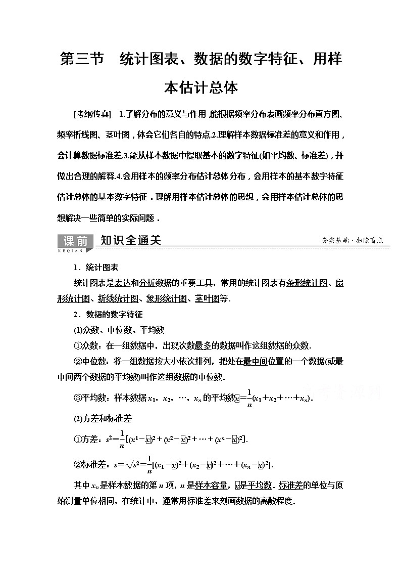 2020版新一线高考文科数学（北师大版）一轮复习教学案：第9章第3节　统计图表、数据的数字特征、用样本估计总体01
