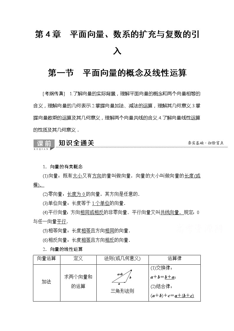 2020版新一线高考理科数学一轮复习教学案：第4章第1节　平面向量的概念及线性运算第1页