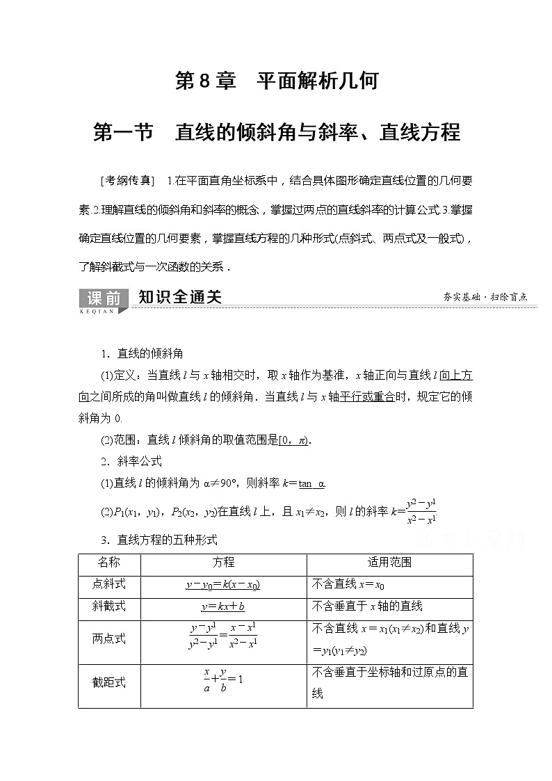 2020版新一线高考理科数学一轮复习教学案：第8章第1节　直线的倾斜角与斜率、直线方程01