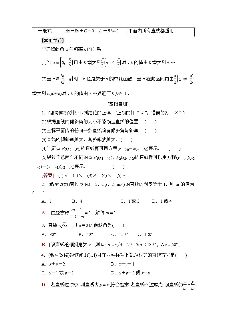 2020版新一线高考理科数学一轮复习教学案：第8章第1节　直线的倾斜角与斜率、直线方程02
