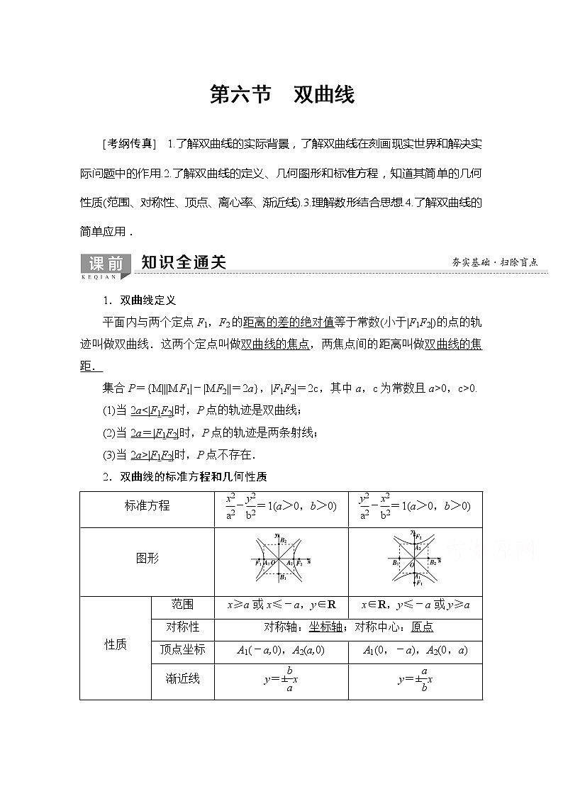 2020版新一线高考理科数学一轮复习教学案：第8章第6节　双曲线01