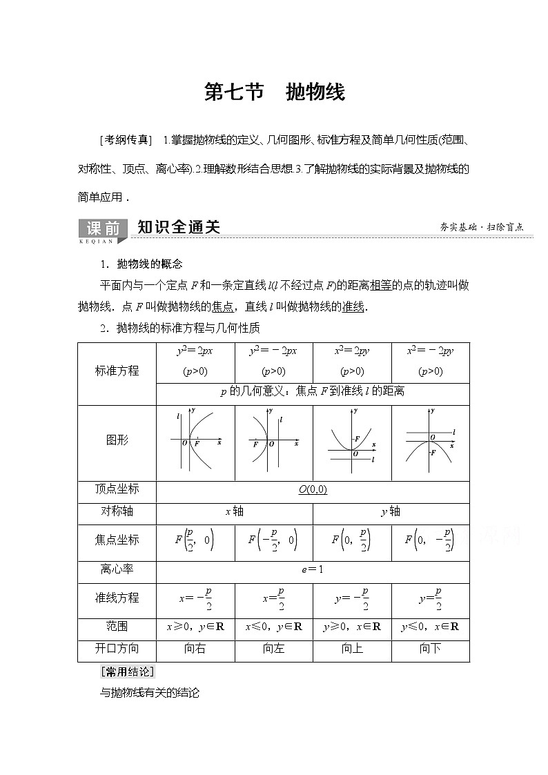 2020版新一线高考理科数学一轮复习教学案：第8章第7节　抛物线第1页