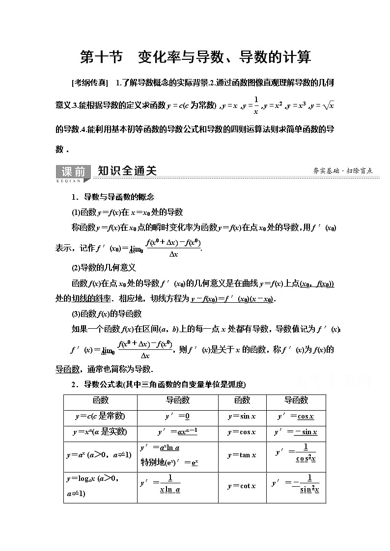 2020版新一线高考文科数学（北师大版）一轮复习教学案：第2章第10节　变化率与导数、导数的计算01