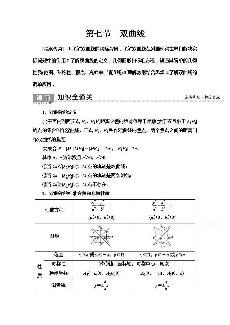 2020版新一线高考文科数学（北师大版）一轮复习教学案：第8章第7节　双曲线01