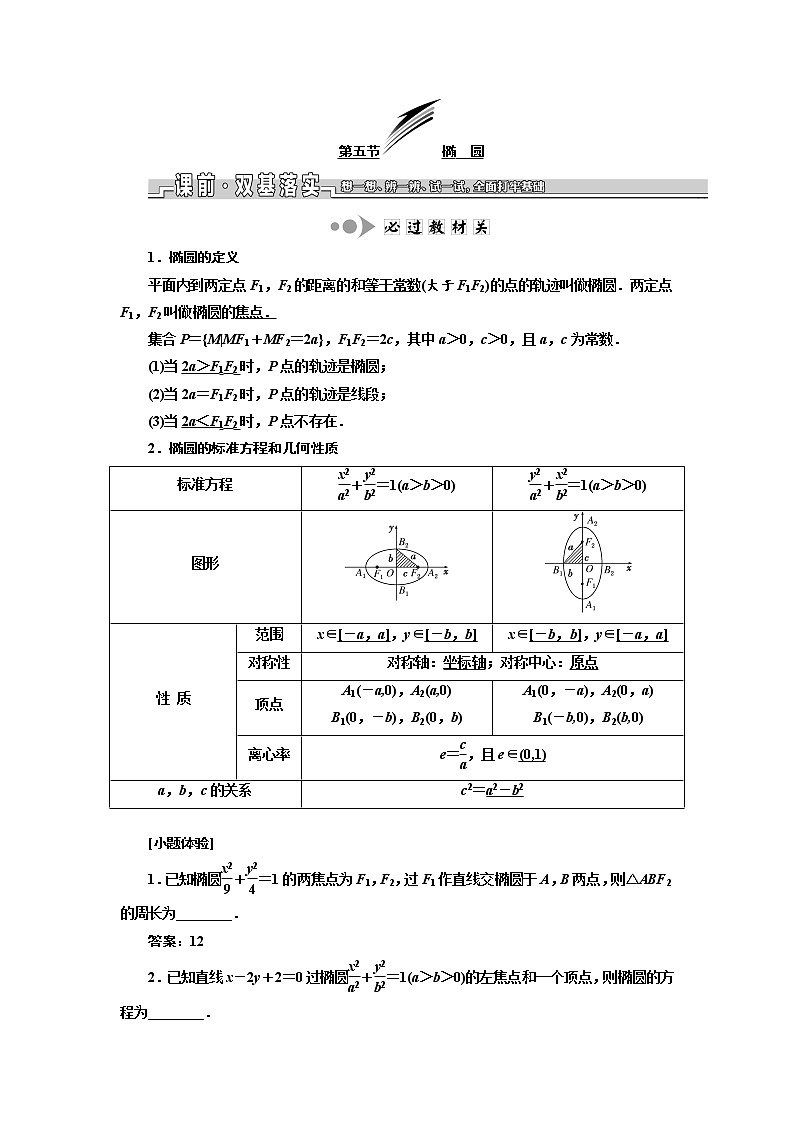 2020版新设计一轮复习数学（文）江苏专版讲义：第九章第五节椭圆01