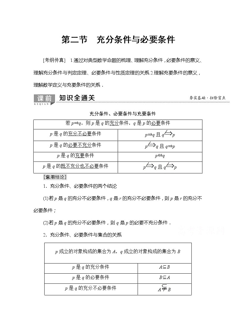 2020版新一线高考理科数学一轮复习教学案：第1章第2节　充分条件与必要条件01