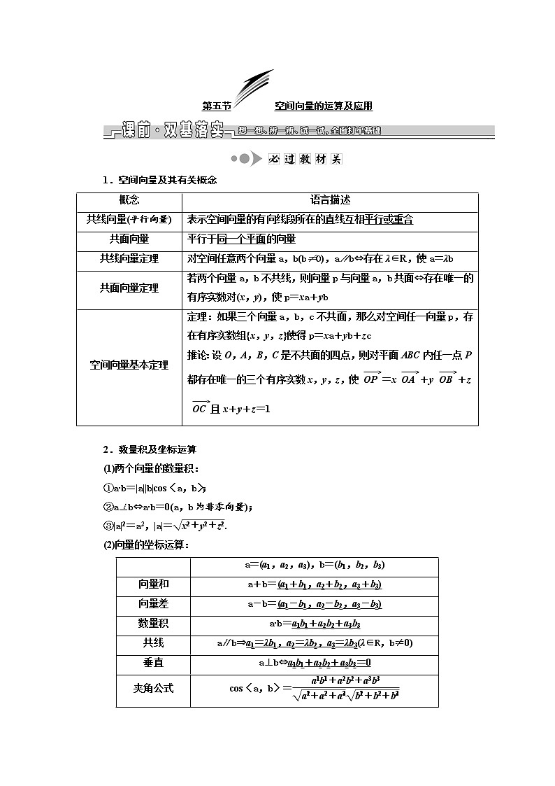 2020版新设计一轮复习数学（理）江苏专版讲义：第八章第五节空间向量的运算及应用01