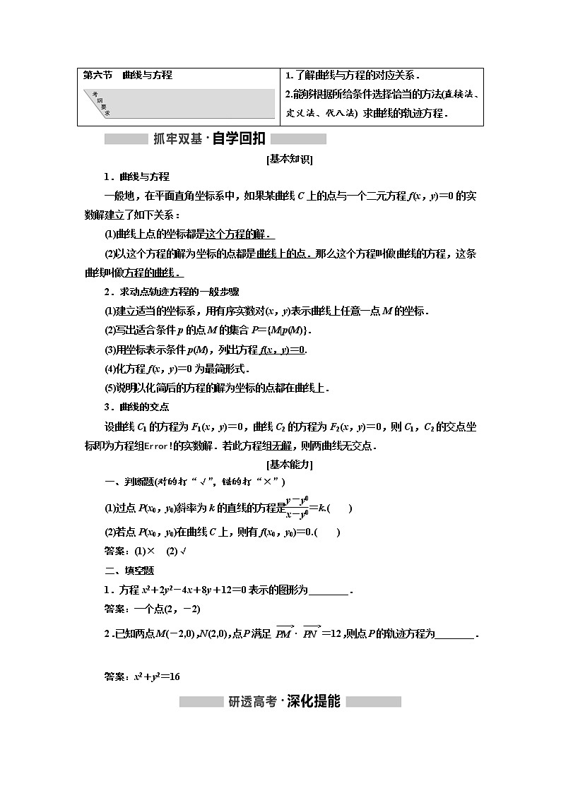 2020版高考新创新一轮复习数学（理）通用版讲义：第九章第六节曲线与方程01