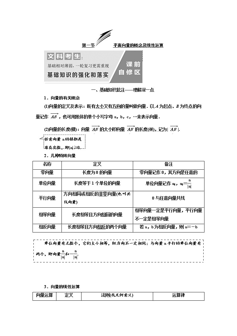 2020版高考数学（文）新设计一轮复习通用版讲义：第五章第一节平面向量的概念及线性运算第1页