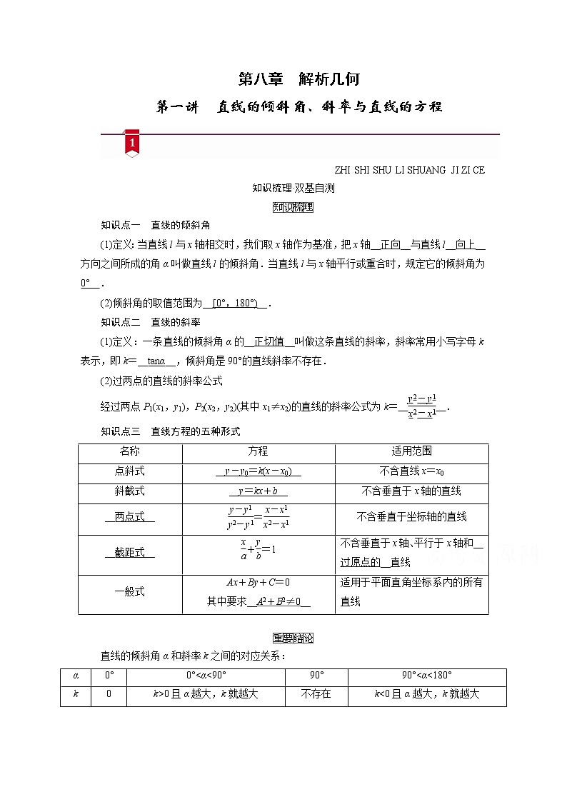 2021版新高考数学（山东专用）一轮学案：第八章第一讲　直线的倾斜角、斜率与直线的方程01