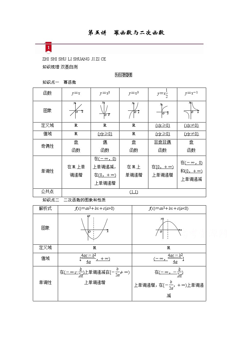 2021版新高考数学（山东专用）一轮学案：第二章第五讲　幂函数与二次函数01