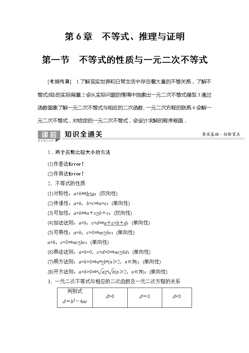 2020年高考数学一轮复习教案：第6章 第1节　不等式的性质与一元二次不等式01