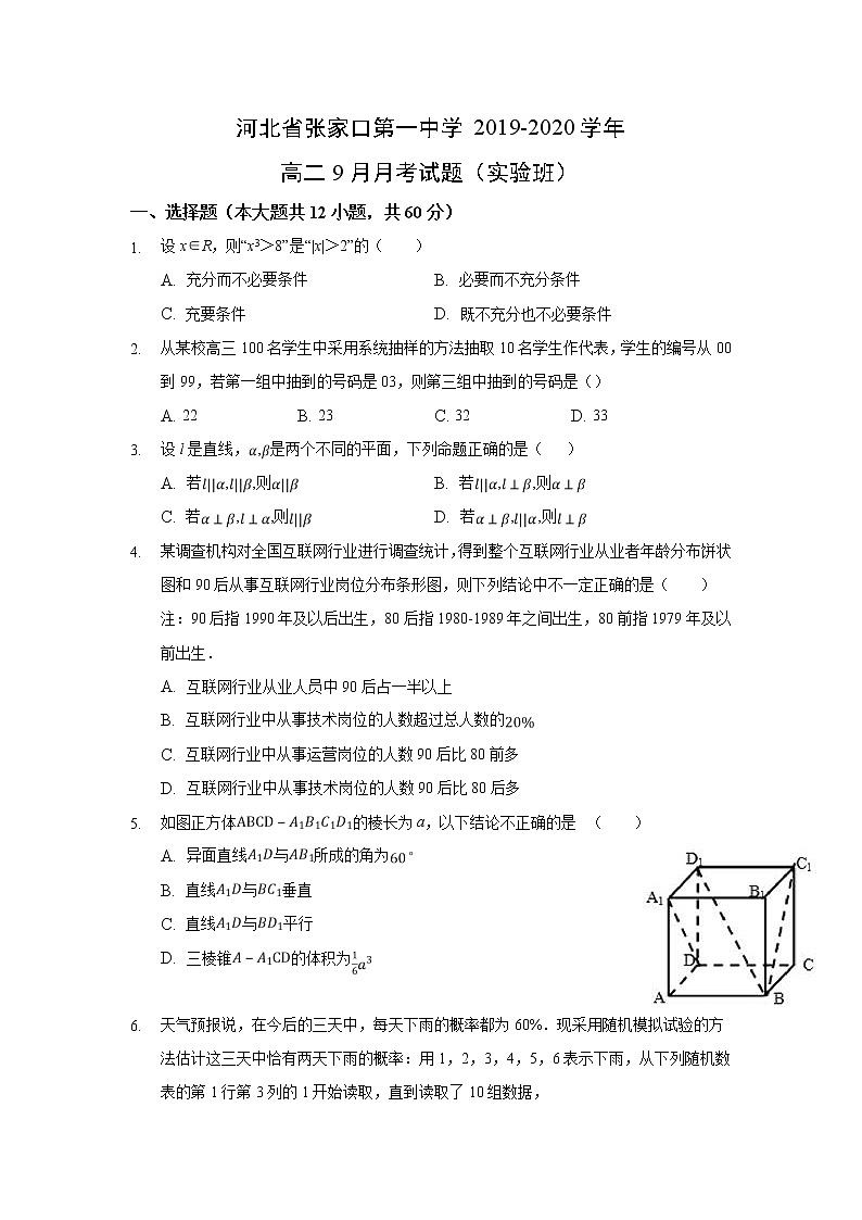 【数学】河北省张家口第一中学2019-2020学年高二9月月考试题（实验班）01