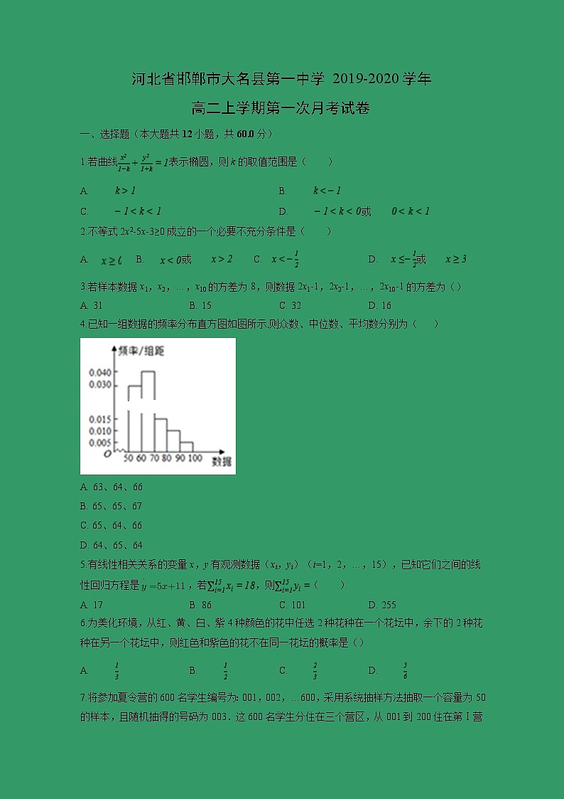 【数学】河北省邯郸市大名县第一中学2019-2020学年高二上学期第一次月考试卷（解析版）01